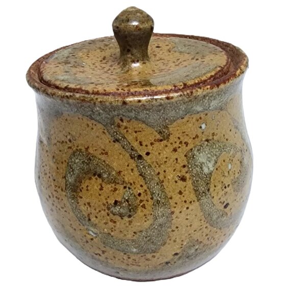 Antique Vintage Studio Pottery SIGNED Jar w/Lid Signed TC Small Sand Brown &Moss - Picture 1 of 7